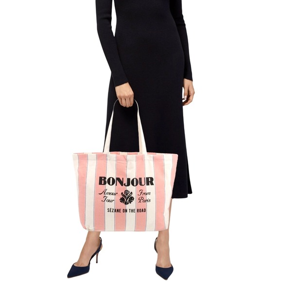 Sezane Pink‎ White Stripe Bonjour Amour Tour From Paris Canvas Tote
Bag Like New - Picture 1 of 8